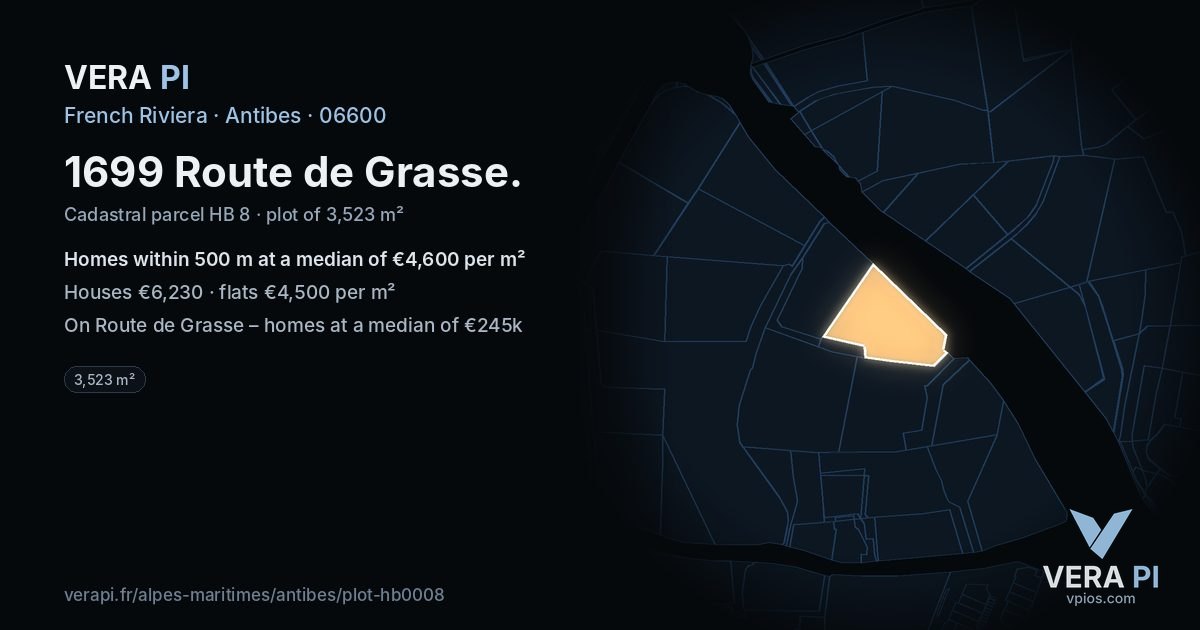 1699 Route de Grasse, Antibes at night – the plot lit, the parcels around coloured by the prices near them