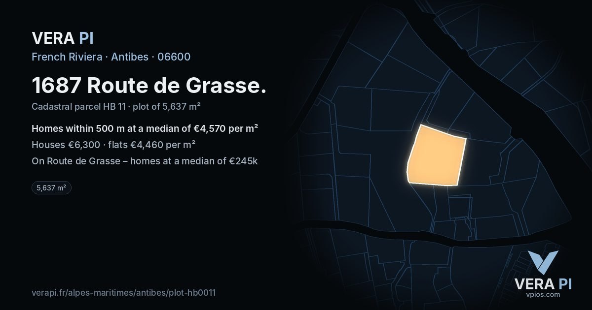 1687 Route de Grasse, Antibes at night – the plot lit, the parcels around coloured by the prices near them
