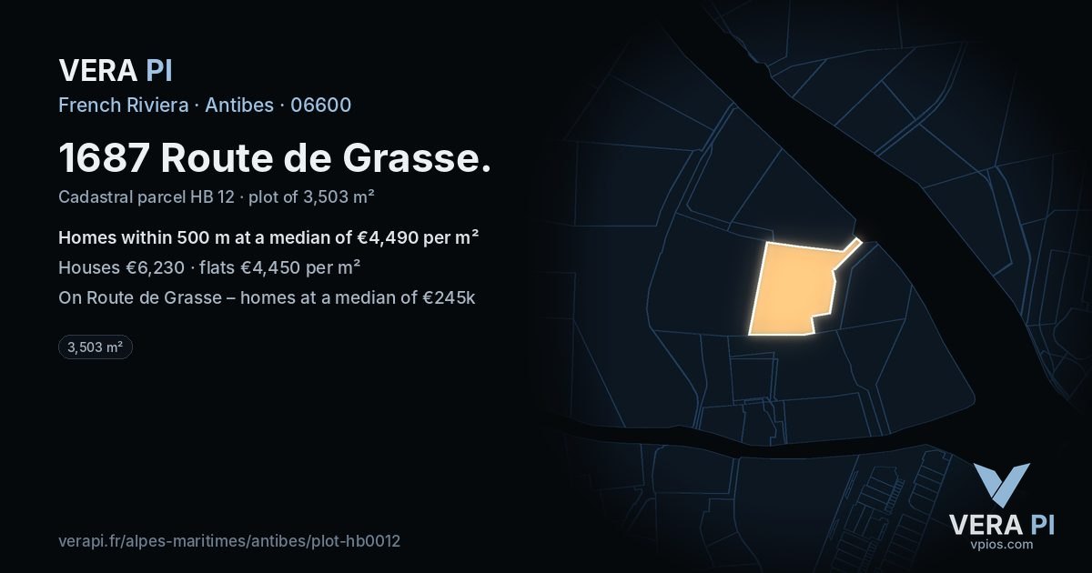 1687 Route de Grasse, Antibes at night – the plot lit, the parcels around coloured by the prices near them