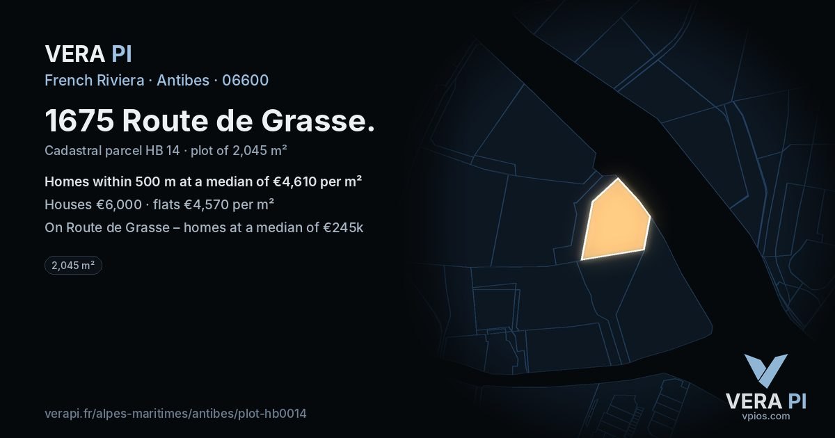 1675 Route de Grasse, Antibes at night – the plot lit, the parcels around coloured by the prices near them