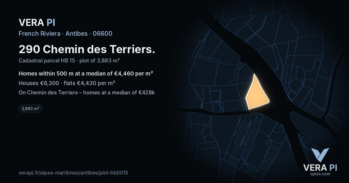 290 Chemin des Terriers, Antibes at night – the plot lit, the parcels around coloured by the prices near them