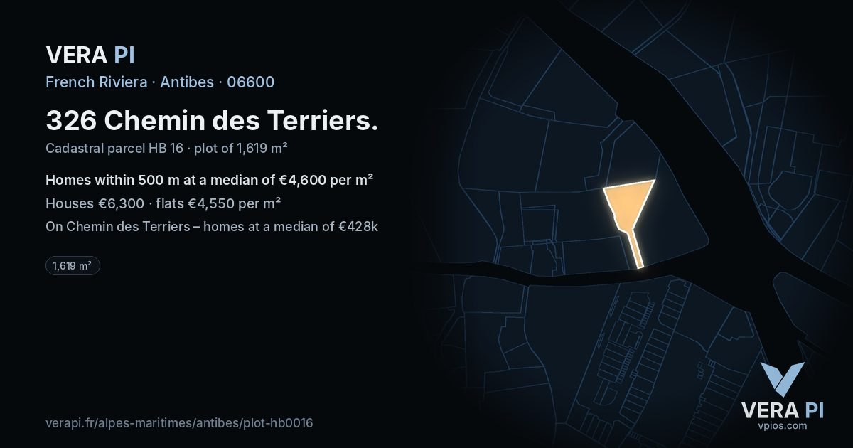 326 Chemin des Terriers, Antibes at night – the plot lit, the parcels around coloured by the prices near them