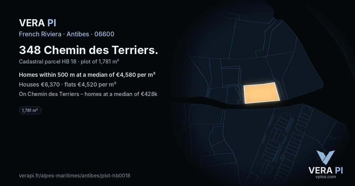 348 Chemin des Terriers, Antibes at night – the plot lit, the parcels around coloured by the prices near them