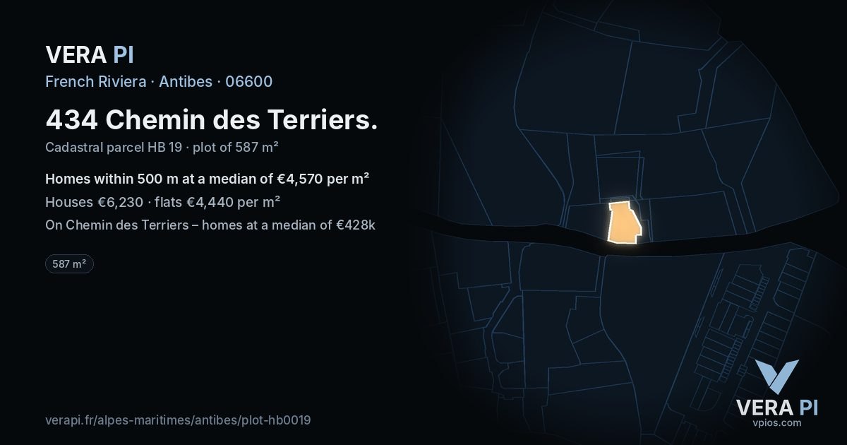 434 Chemin des Terriers, Antibes at night – the plot lit, the parcels around coloured by the prices near them