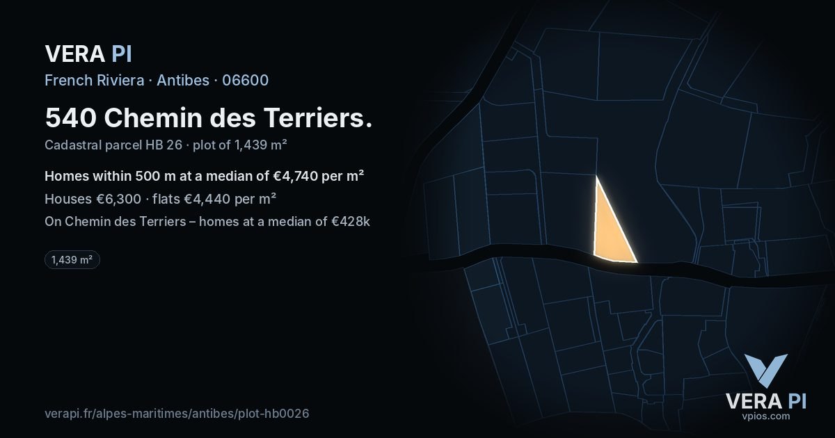 540 Chemin des Terriers, Antibes at night – the plot lit, the parcels around coloured by the prices near them
