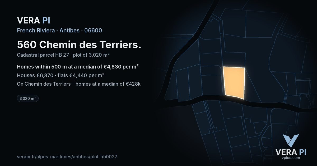 560 Chemin des Terriers, Antibes at night – the plot lit, the parcels around coloured by the prices near them
