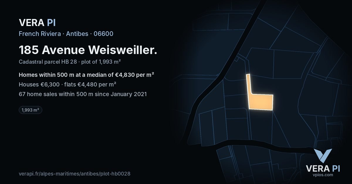 185 Avenue Weisweiller, Antibes at night – the plot lit, the parcels around coloured by the prices near them