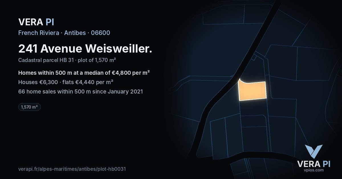 241 Avenue Weisweiller, Antibes at night – the plot lit, the parcels around coloured by the prices near them