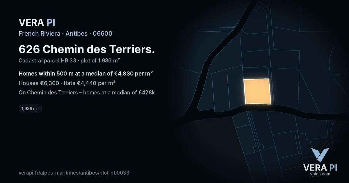 626 Chemin des Terriers, Antibes at night – the plot lit, the parcels around coloured by the prices near them