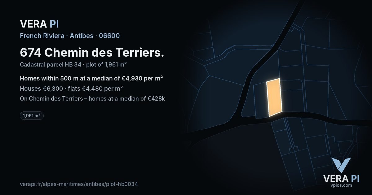 674 Chemin des Terriers, Antibes at night – the plot lit, the parcels around coloured by the prices near them