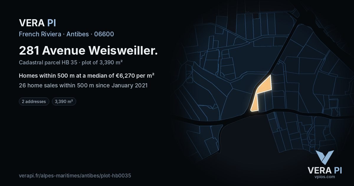 281 Avenue Weisweiller, Antibes at night – the plot lit, the parcels around coloured by the prices near them