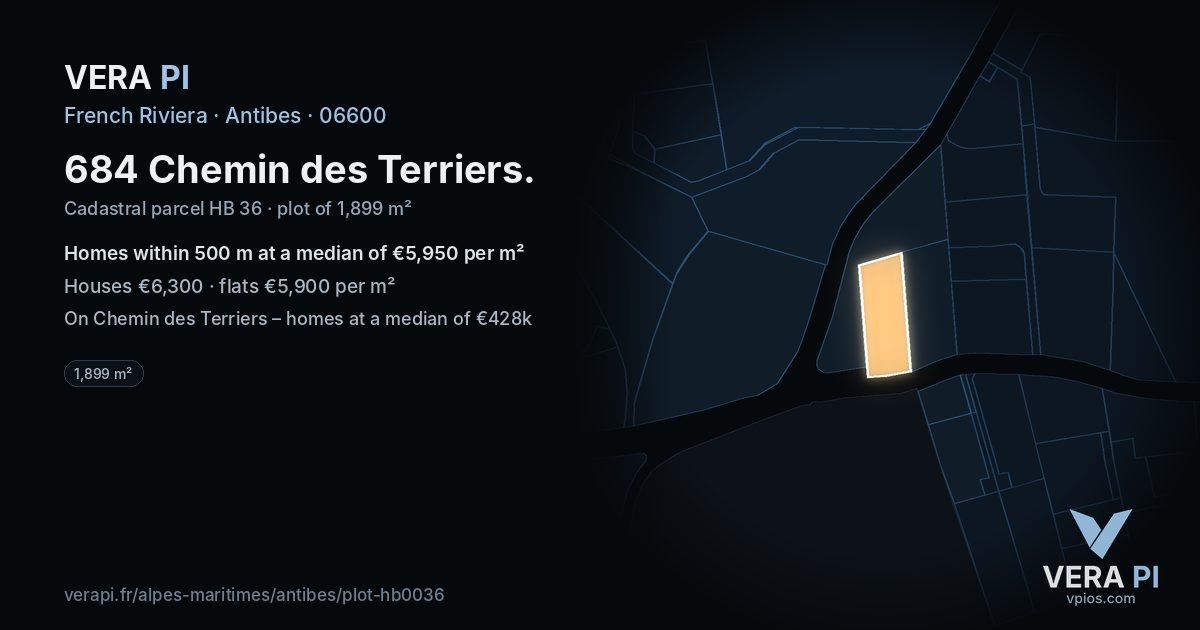 684 Chemin des Terriers, Antibes at night – the plot lit, the parcels around coloured by the prices near them