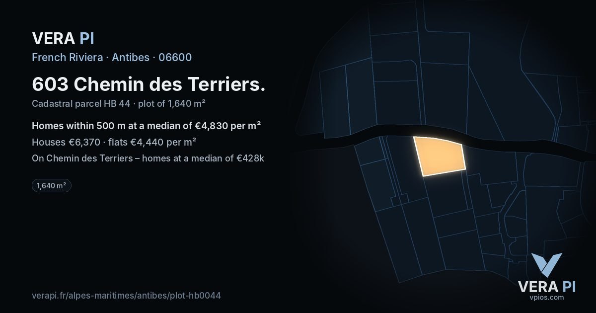 603 Chemin des Terriers, Antibes at night – the plot lit, the parcels around coloured by the prices near them