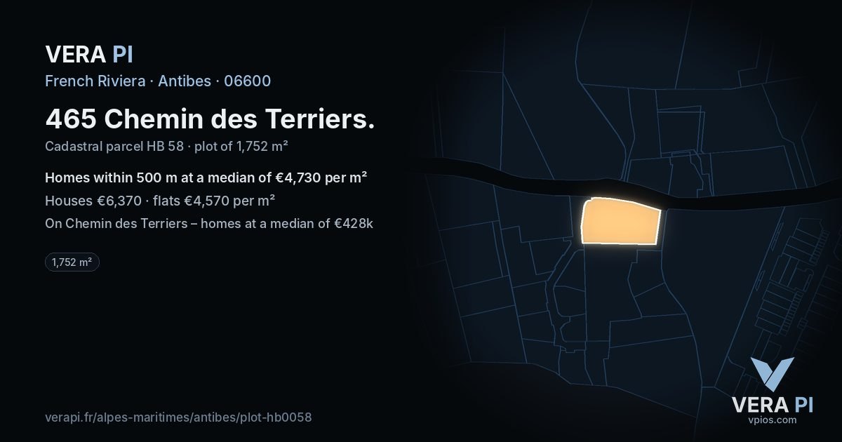 465 Chemin des Terriers, Antibes at night – the plot lit, the parcels around coloured by the prices near them