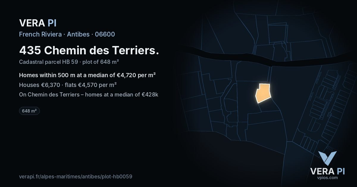 435 Chemin des Terriers, Antibes at night – the plot lit, the parcels around coloured by the prices near them