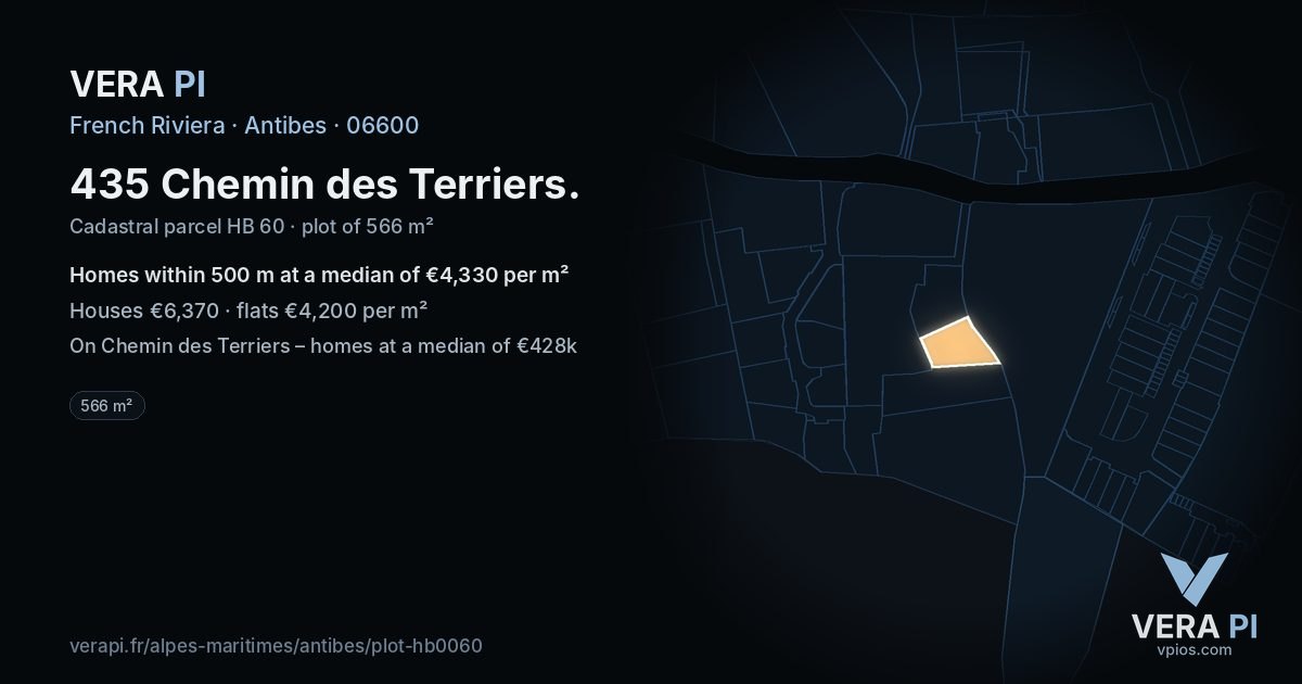 435 Chemin des Terriers, Antibes at night – the plot lit, the parcels around coloured by the prices near them