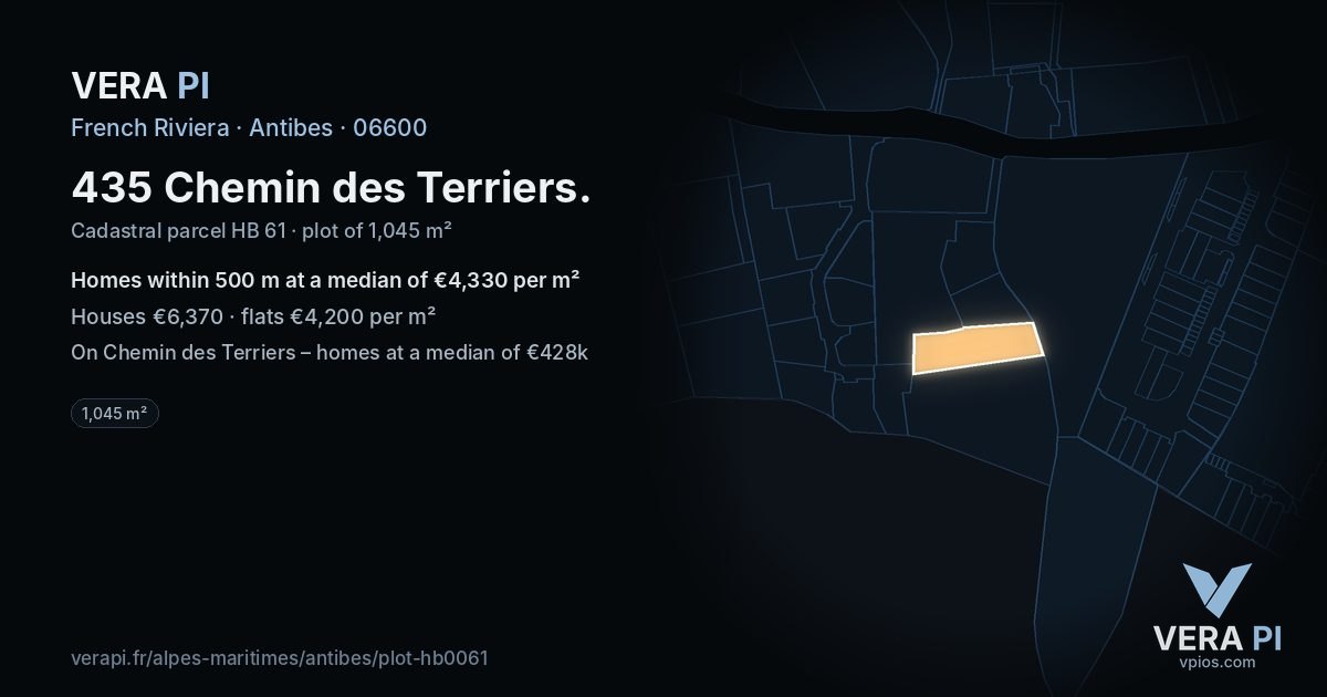 435 Chemin des Terriers, Antibes at night – the plot lit, the parcels around coloured by the prices near them