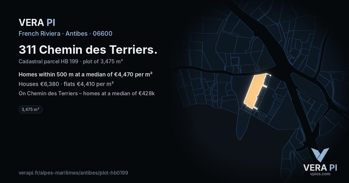 311 Chemin des Terriers, Antibes at night – the plot lit, the parcels around coloured by the prices near them