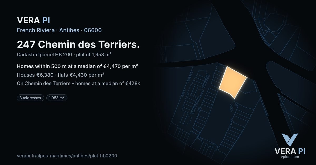 247 Chemin des Terriers, Antibes at night – the plot lit, the parcels around coloured by the prices near them