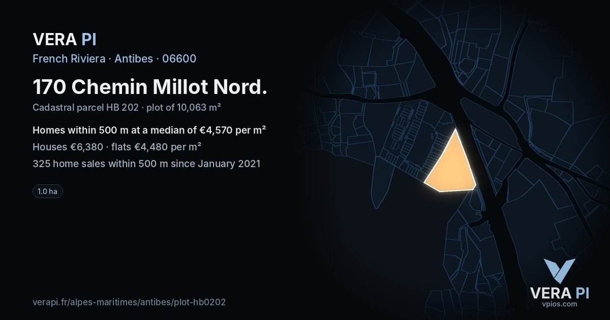 170 Chemin Millot Nord, Antibes at night – the plot lit, the parcels around coloured by the prices near them