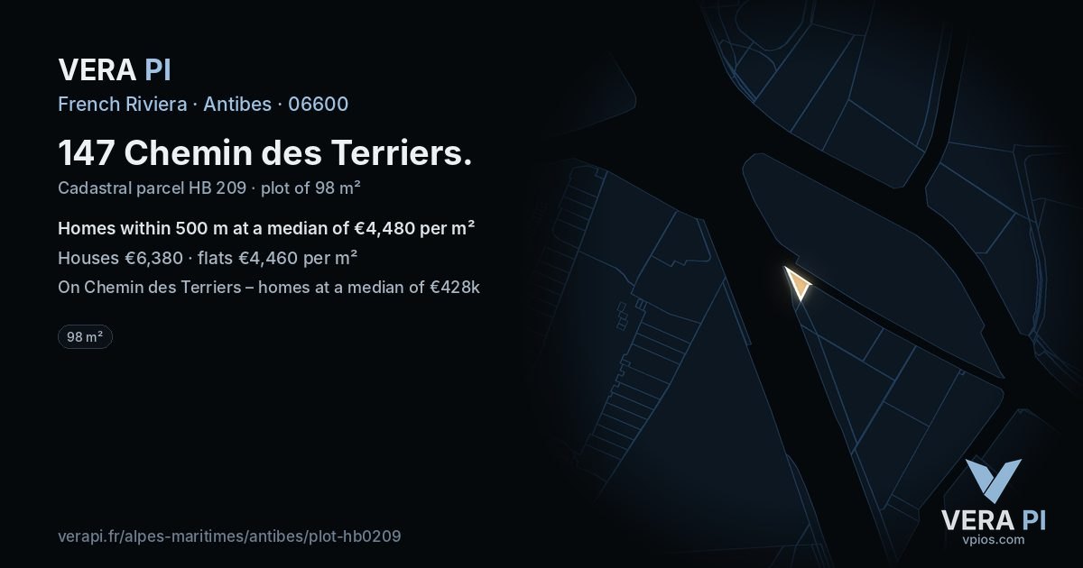 147 Chemin des Terriers, Antibes at night – the plot lit, the parcels around coloured by the prices near them