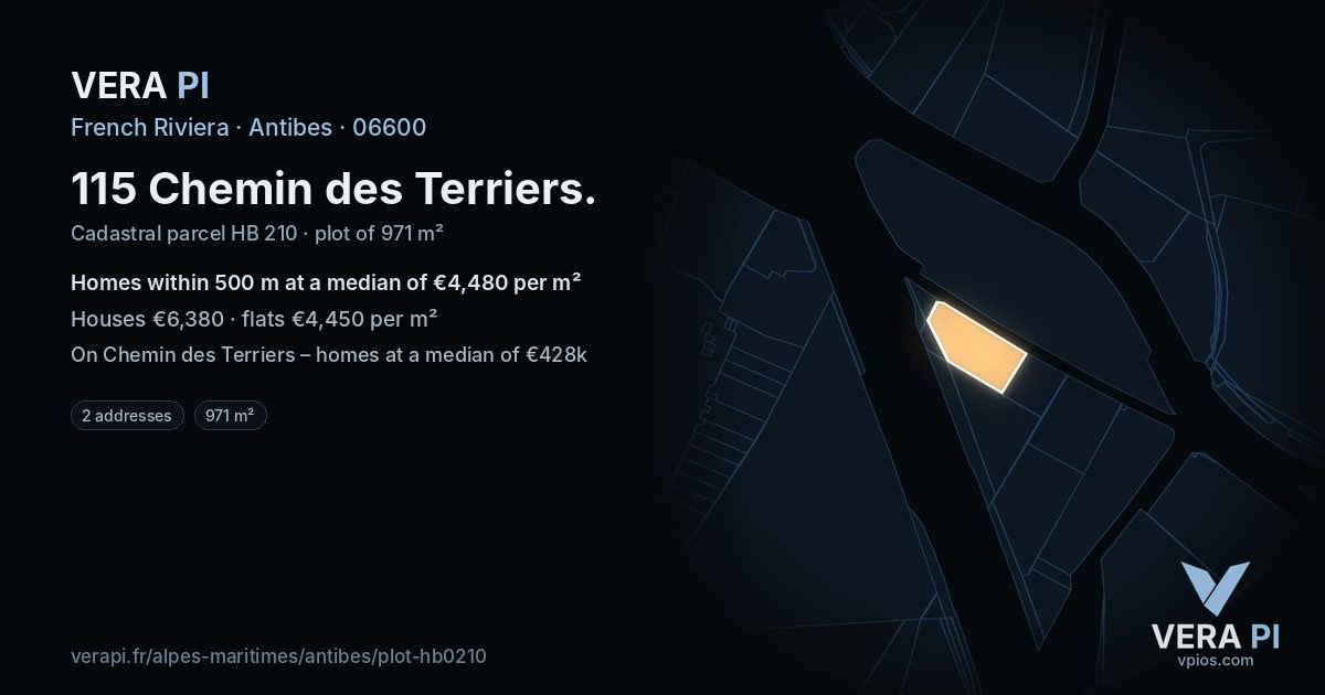 115 Chemin des Terriers, Antibes at night – the plot lit, the parcels around coloured by the prices near them