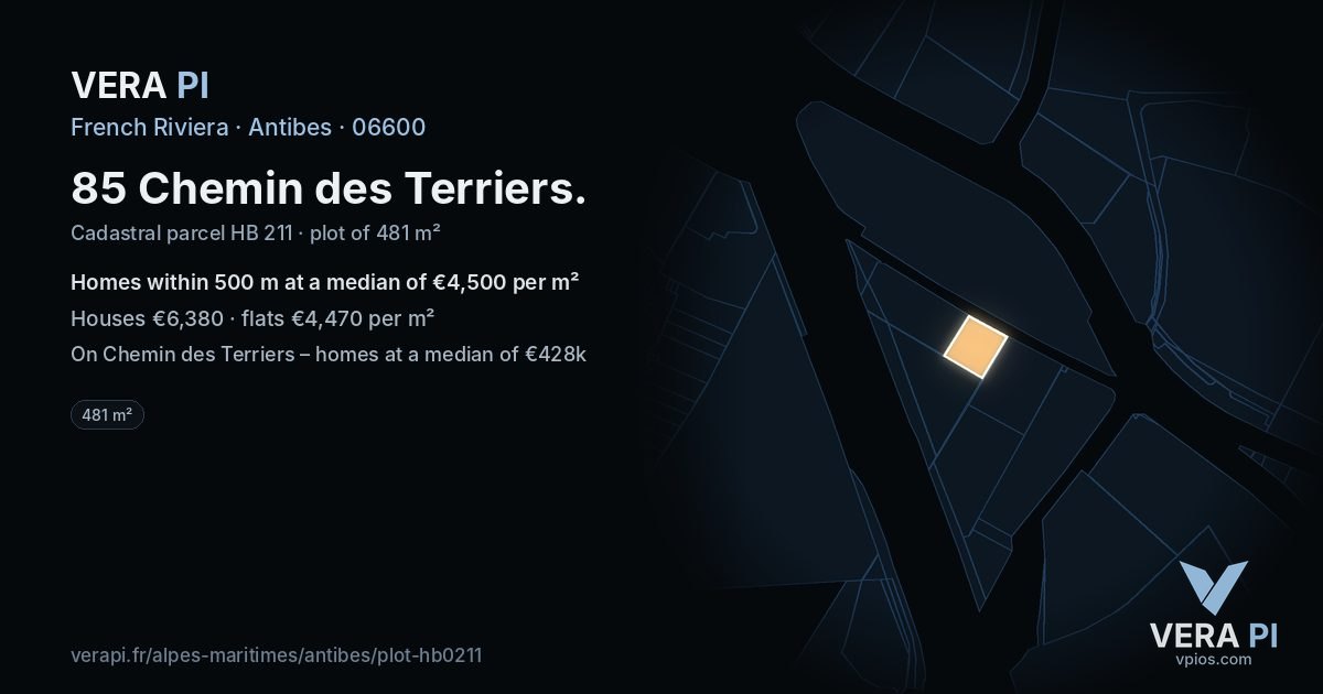 85 Chemin des Terriers, Antibes at night – the plot lit, the parcels around coloured by the prices near them