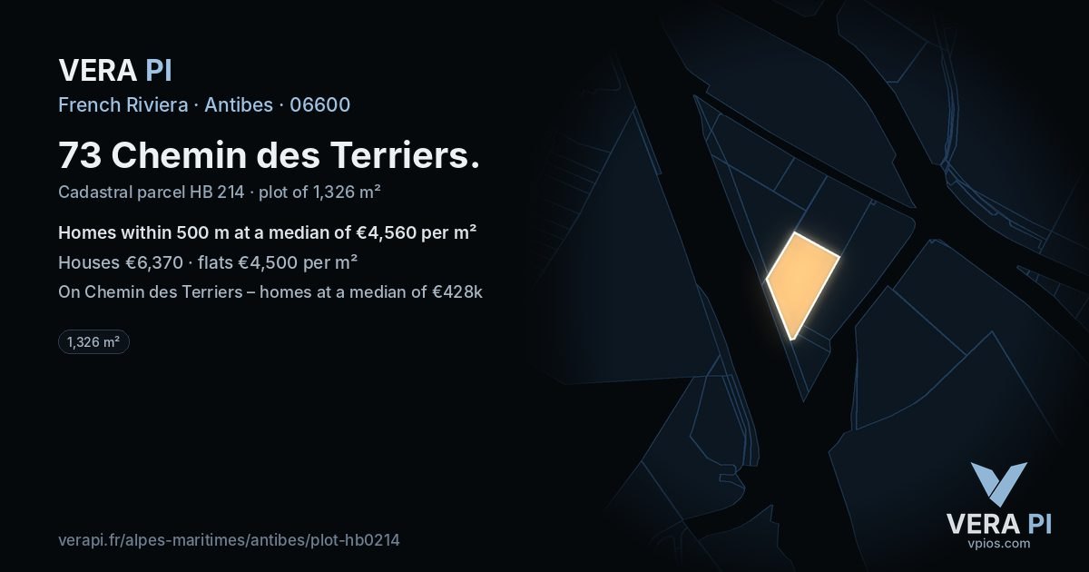 73 Chemin des Terriers, Antibes at night – the plot lit, the parcels around coloured by the prices near them
