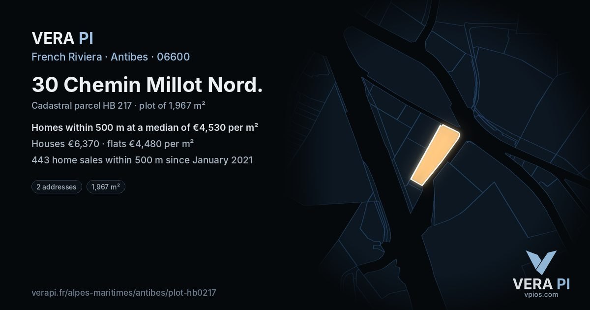 30 Chemin Millot Nord, Antibes at night – the plot lit, the parcels around coloured by the prices near them