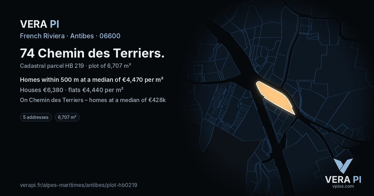 74 Chemin des Terriers, Antibes at night – the plot lit, the parcels around coloured by the prices near them