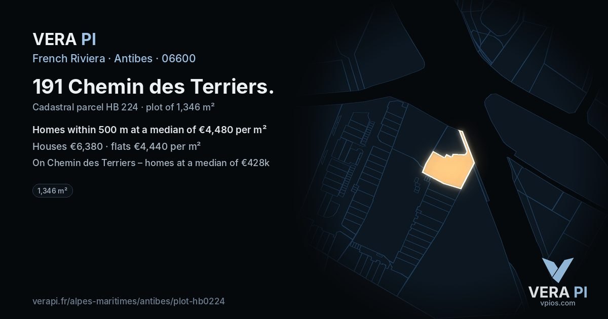 191 Chemin des Terriers, Antibes at night – the plot lit, the parcels around coloured by the prices near them