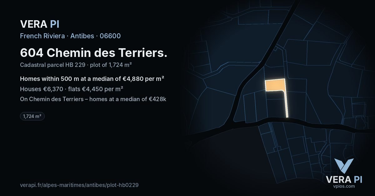 604 Chemin des Terriers, Antibes at night – the plot lit, the parcels around coloured by the prices near them