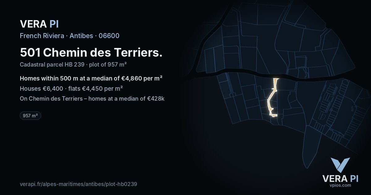 501 Chemin des Terriers, Antibes at night – the plot lit, the parcels around coloured by the prices near them