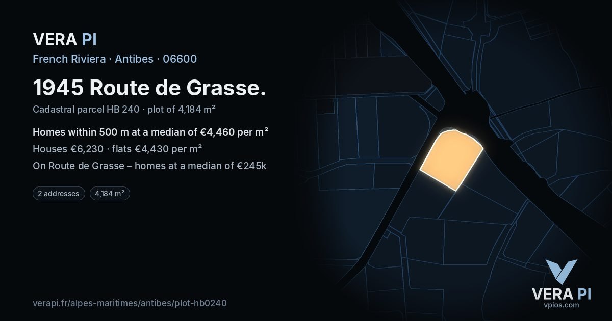 1945 Route de Grasse, Antibes at night – the plot lit, the parcels around coloured by the prices near them