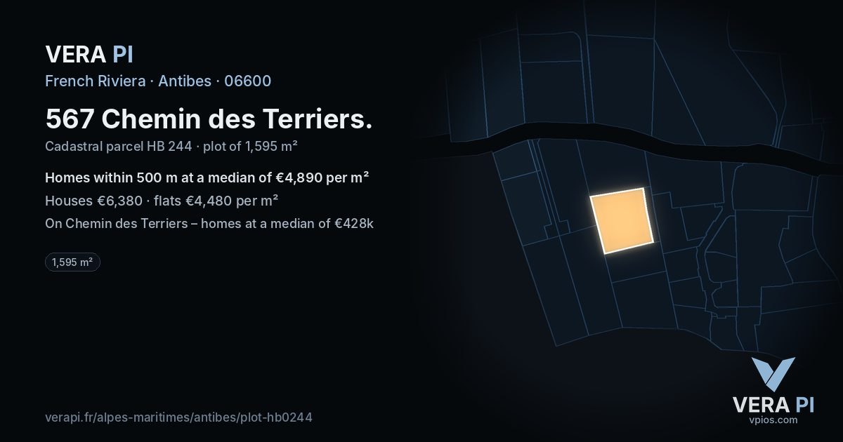 567 Chemin des Terriers, Antibes at night – the plot lit, the parcels around coloured by the prices near them