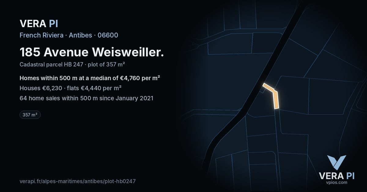 185 Avenue Weisweiller, Antibes at night – the plot lit, the parcels around coloured by the prices near them