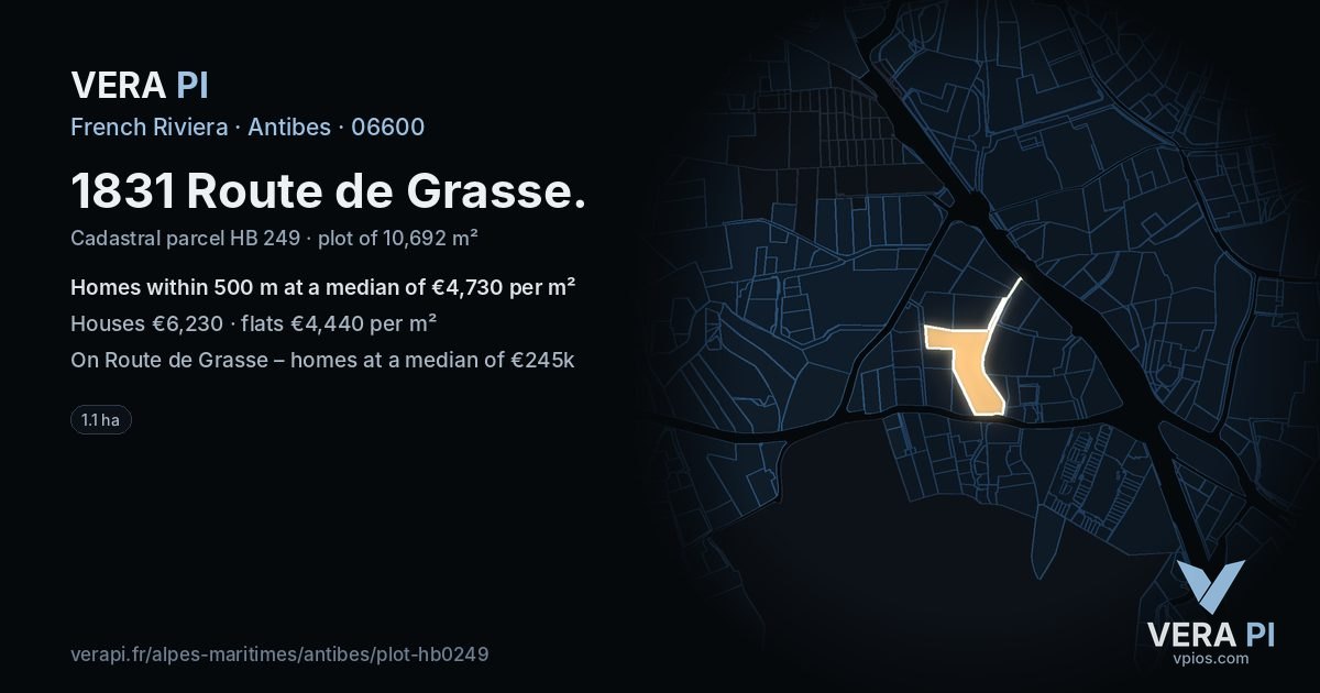 1831 Route de Grasse, Antibes at night – the plot lit, the parcels around coloured by the prices near them