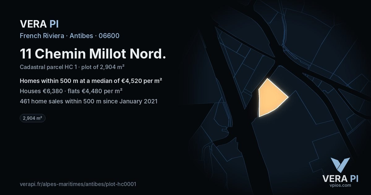 11 Chemin Millot Nord, Antibes at night – the plot lit, the parcels around coloured by the prices near them