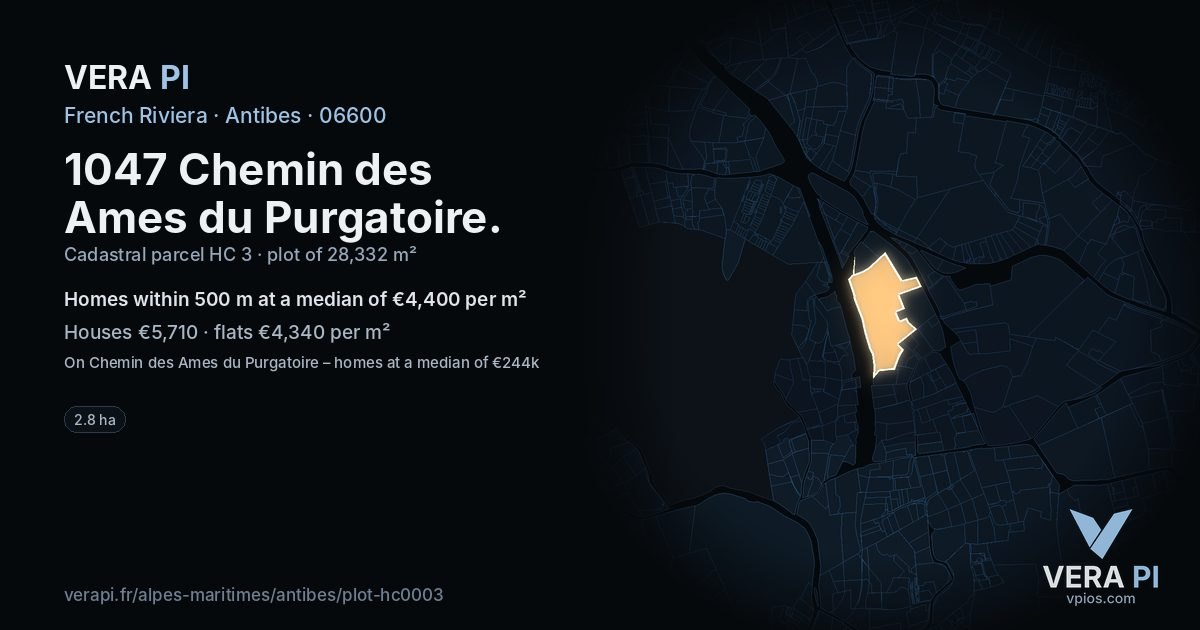 1047 Chemin des Ames du Purgatoire, Antibes at night – the plot lit, the parcels around coloured by the prices near them