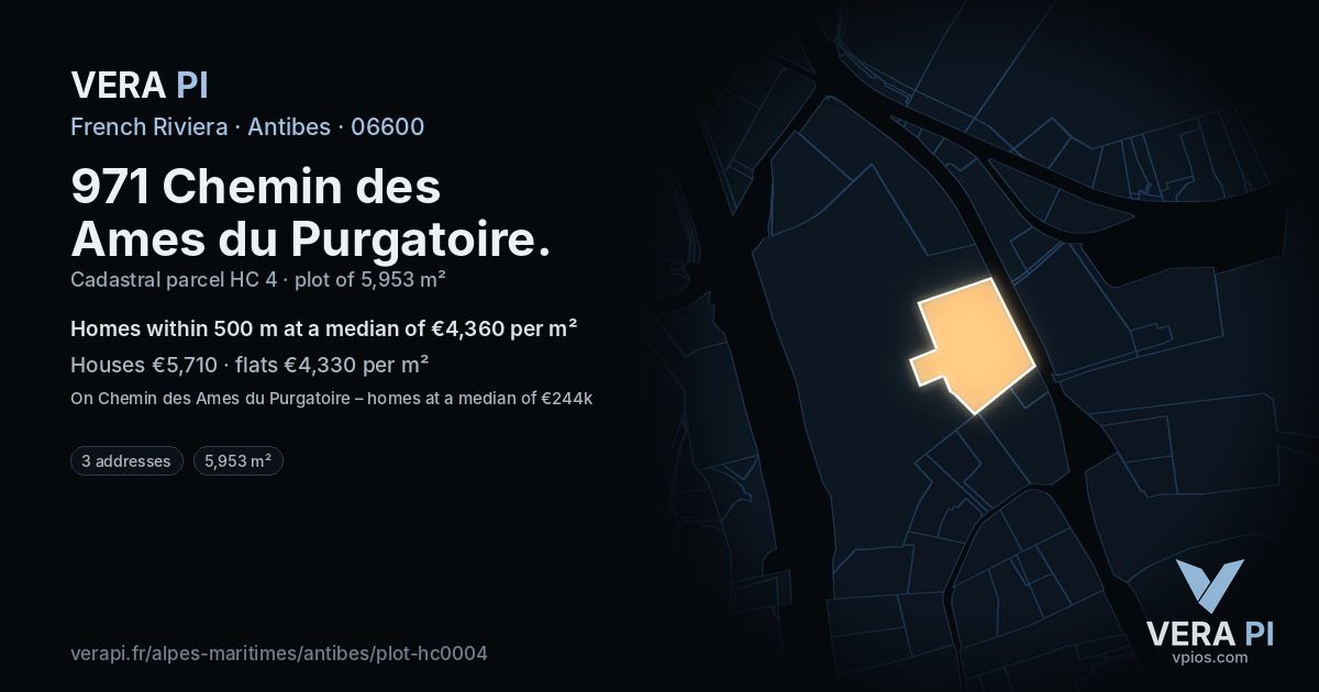 971 Chemin des Ames du Purgatoire, Antibes at night – the plot lit, the parcels around coloured by the prices near them