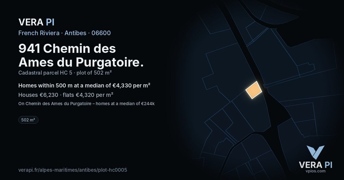 941 Chemin des Ames du Purgatoire, Antibes at night – the plot lit, the parcels around coloured by the prices near them