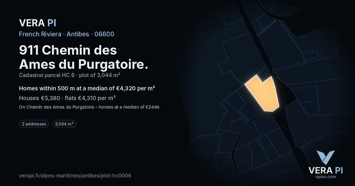911 Chemin des Ames du Purgatoire, Antibes at night – the plot lit, the parcels around coloured by the prices near them