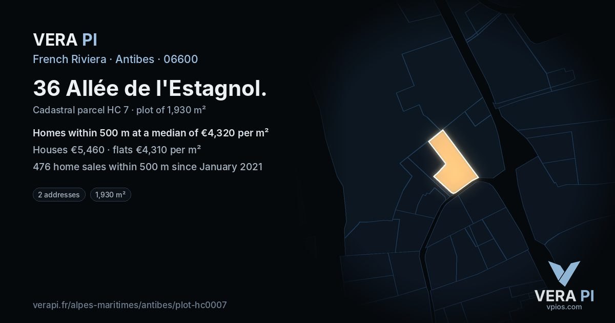 36 Allée de l'Estagnol, Antibes at night – the plot lit, the parcels around coloured by the prices near them
