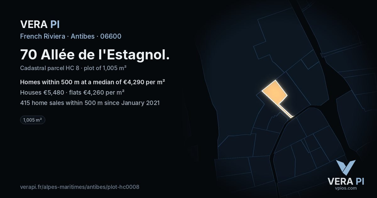 70 Allée de l'Estagnol, Antibes at night – the plot lit, the parcels around coloured by the prices near them