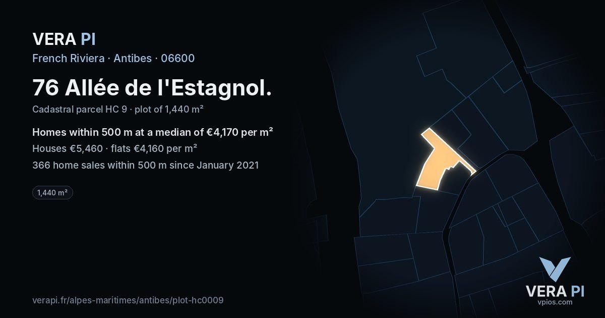 76 Allée de l'Estagnol, Antibes at night – the plot lit, the parcels around coloured by the prices near them