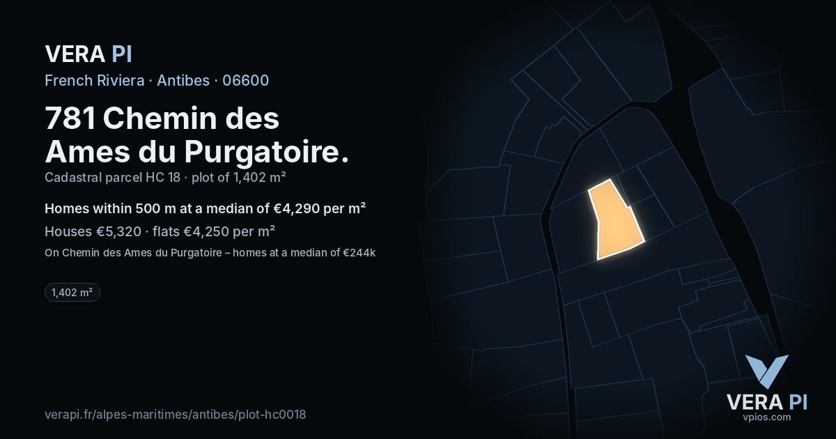 781 Chemin des Ames du Purgatoire, Antibes at night – the plot lit, the parcels around coloured by the prices near them
