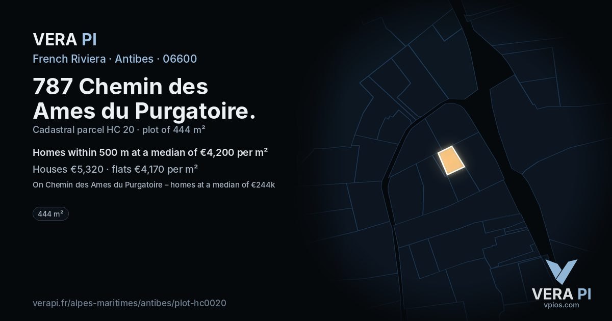 787 Chemin des Ames du Purgatoire, Antibes at night – the plot lit, the parcels around coloured by the prices near them