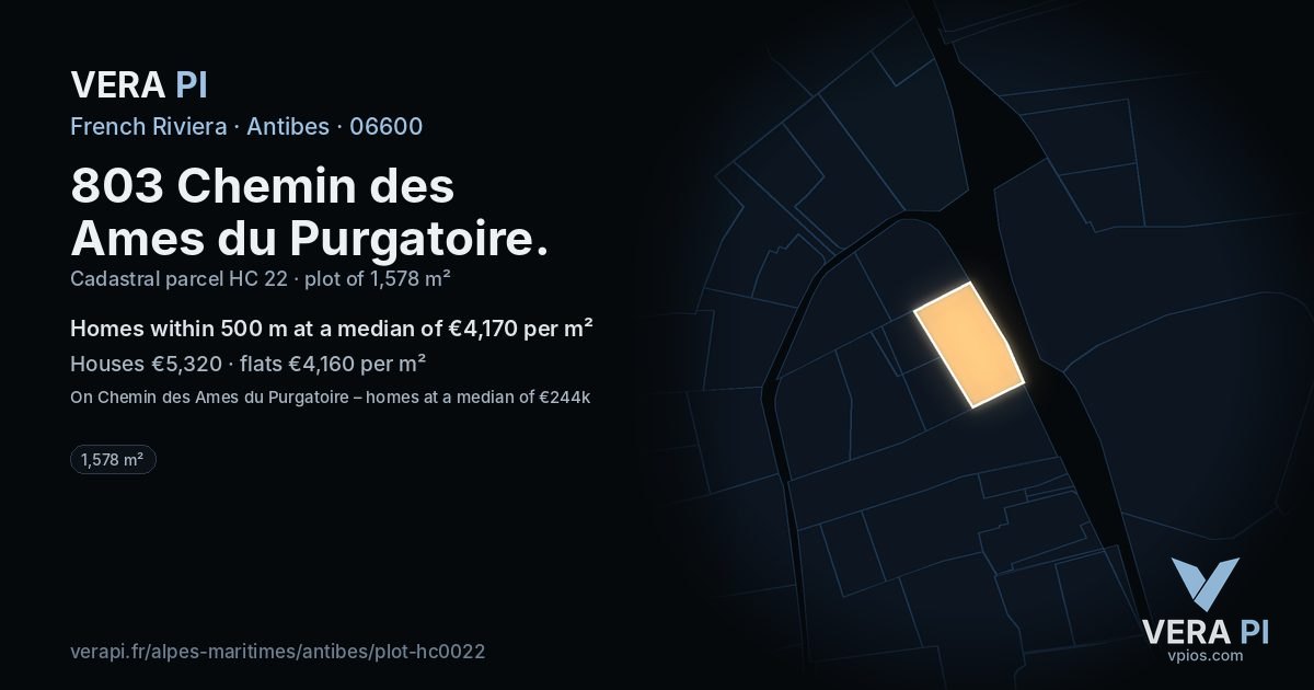 803 Chemin des Ames du Purgatoire, Antibes at night – the plot lit, the parcels around coloured by the prices near them