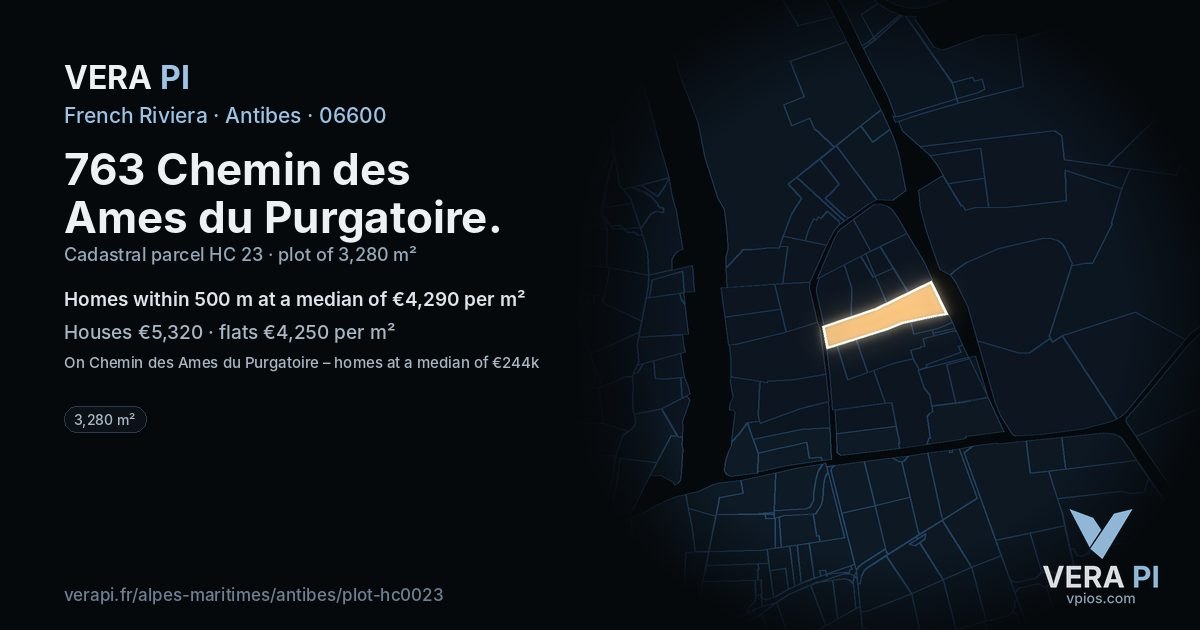 763 Chemin des Ames du Purgatoire, Antibes at night – the plot lit, the parcels around coloured by the prices near them