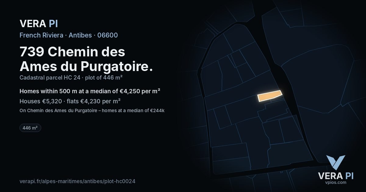 739 Chemin des Ames du Purgatoire, Antibes at night – the plot lit, the parcels around coloured by the prices near them